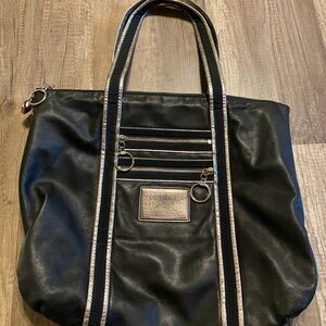 Coach Black Tote with Metallic Trim and Dual Zip Front Pockets